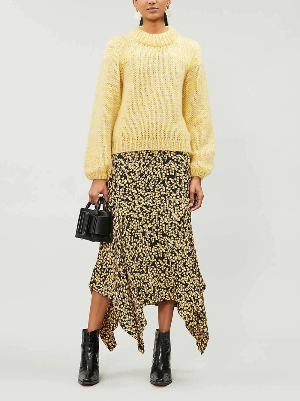GANNI Goldstone Floral Asymmetric Midi Skirt Black Yellow Print Crepe